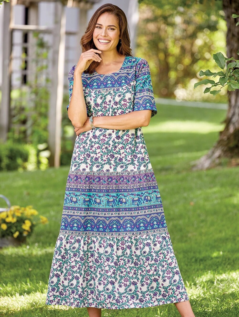 Vermont Country Store Women's M Tiered Maxi Dress Purple Green Floral Elephants